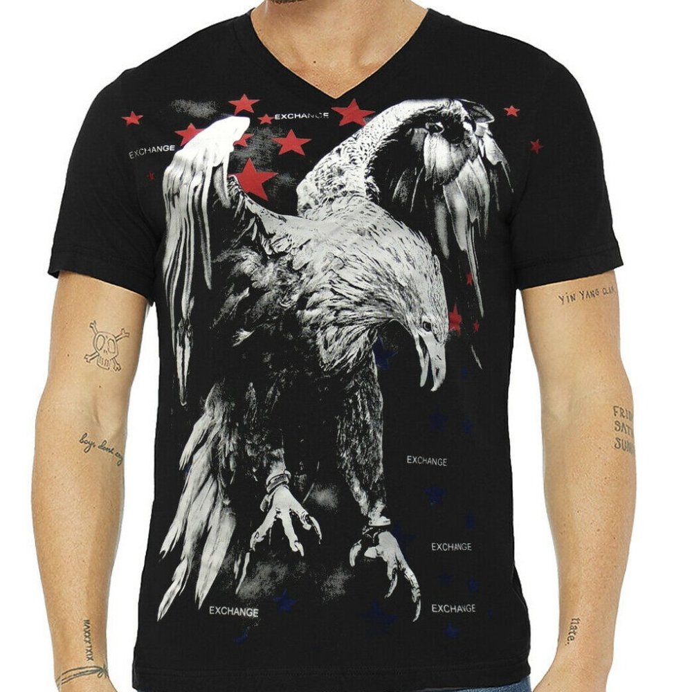 NWT EXCHANGE EAGLE PATRIOTIC MEN'S BLACK V-NECK SHORT SLEEVE T-SHIRT SIZE S M